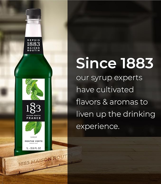 1883 Green Mint Syrup for Drinks, Made in France, 1 Liter Plastic Bottle