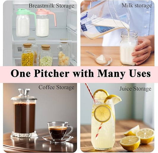 Mason Jar Pitcher, 32 oz Glass Milk Pitcher, Wide Mouth & Leakproof Glass Pitcher with Lid for milk, Sun Tea, Juice, Cold Brew Coffee and Drinks