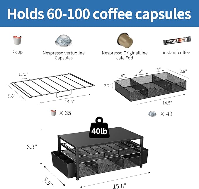 K Cup Holder Organizer, 2-Tier Coffee Pod Holder for 63 Large/80 Small Capsules with Storage Drawer & 2 Accessory Holders, Kcup Organizer for Countertop Coffee Station in Kitchen, Office, Coffee Bar