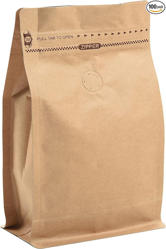 100 Count 0.5 lb Kraft Paper Coffee Bags - High Barrier Kraft & Foil Liner - Flat Bottom Coffee Pouches with Degassing Valve, Food Storage Bags with Rsealable Zipper & Easy Open Tape (100, 8oz/½lb)
