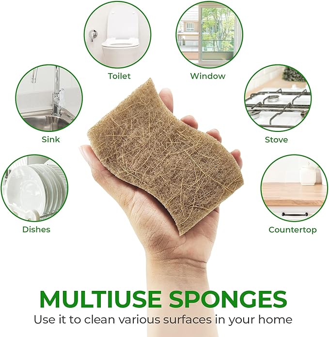 AIRNEX Biodegradable Natural Kitchen Sponge - Compostable Cellulose and Coconut Walnut Scrubber Sponge (6 Pack)