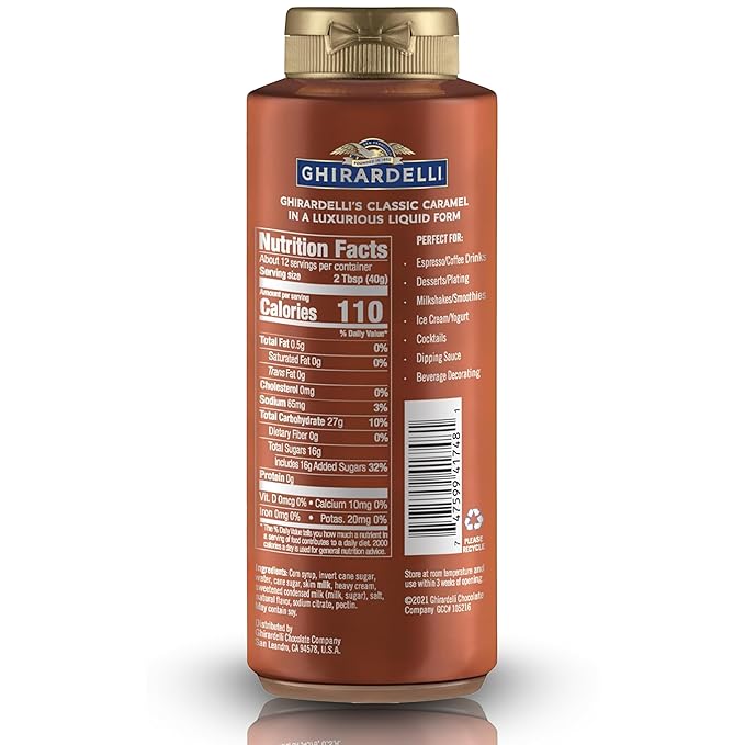 Ghirardelli Caramel Flavored Sauce Squeeze Bottles | 16 oz (Pack of 4) | Rich Creamy Caramel Dessert Topping for Coffee, Ice Cream, and Baking Recipes
