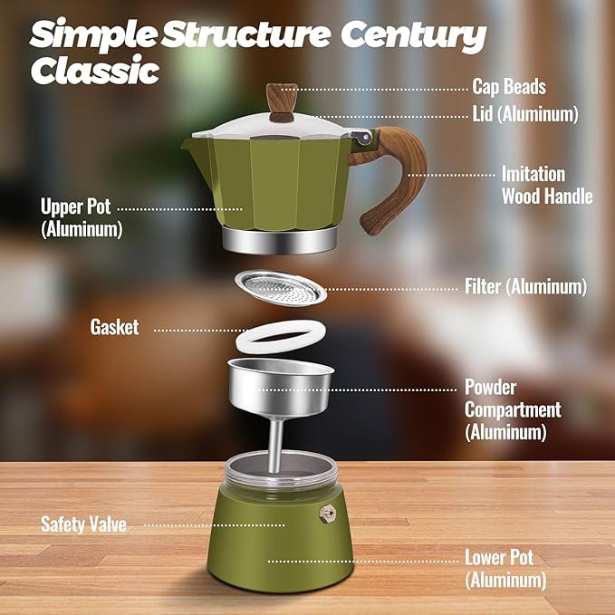 Vaolvpant 6 Cup Aluminum Moka Pot Classic Stovetop Espresso Coffee Maker 300ml 10oz Coffeemaker Percolator Mocha Pot Greca Coffee Maker Cafe Makers for Italian and Cuban Café Brewing Green