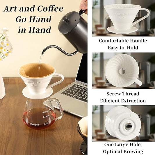 Mongdio Ceramic Pour Over Coffee Dripper, Reusable Porcelain Portable Pour Over Coffee Maker, Slow Brewing Accessories with 1 Holes for Home - Size 02 White