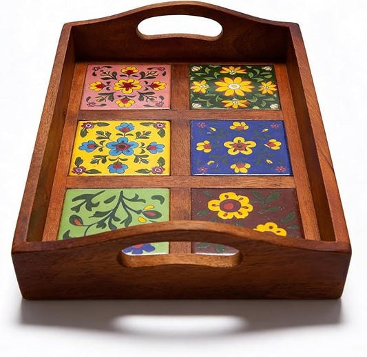 Craft Trade Mango Wood Serving Tray with Handle and 6 Fitted Floral Ceramic Tiles Wooden Platters Perfect for Breakfast Tea Coffee Snacks Dinner 30x23x8 cm Rectangle