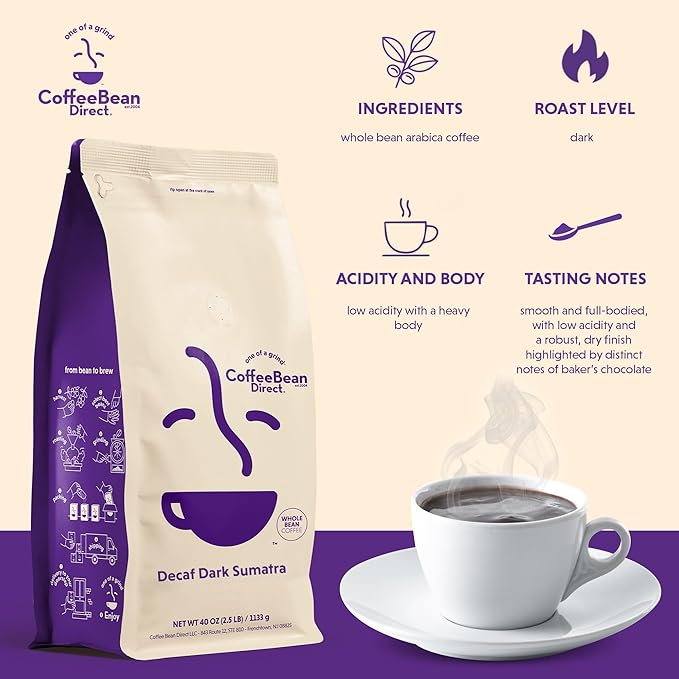 Coffee Bean Direct Decaf Dark Sumatra, Whole Bean Coffee, Dark Roast, 2.5 Pound Bag (Pack of 1)