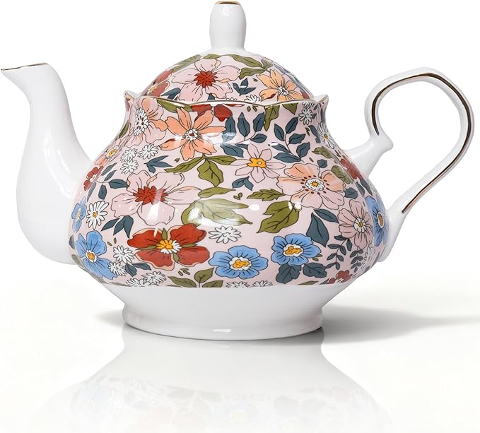 33.8 oz Porcelain Tea Pot Luxury Gold Trim Floral Ceramic Teapot Waterpot Tea Maker for Blooming Loose Leaf Tea Coffee Milk Chrismas Women Gift Housewarming Home Kitchen Décor (Vintage Pink)