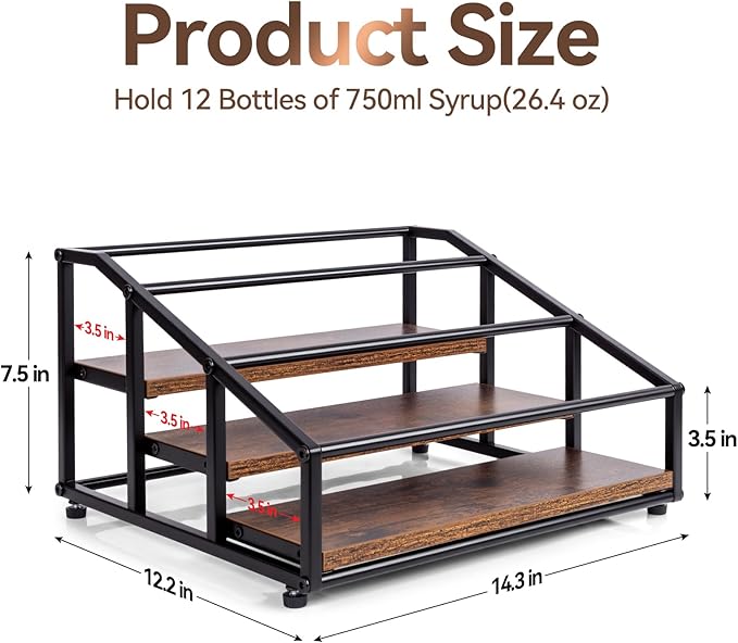 kimilus Coffee Syrup Organizer Rack, Liquor Bottle Display Shelf, 3 Tier 12 Syrup Bottles Holder Stand for Coffee Bar Kitchen Small Wine Rack for Family Storage for Syrup Wine Dressing