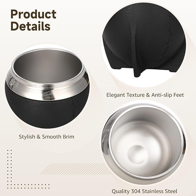 2PCS Yerba Mate Cup, 6 oz Stainless teel Mate Cup with Straw, Double Wall Vacuum Insulated Yerba Mate Gourd for Traditional Mate Tea Drinking (Black-A)