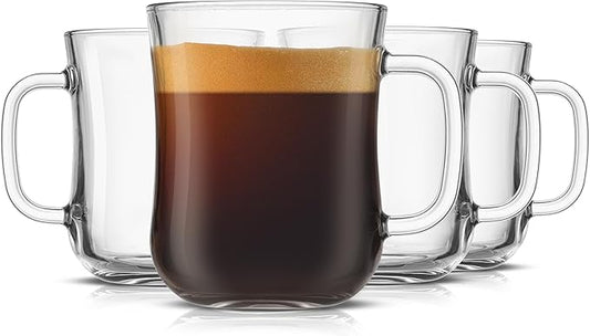 JoyJolt Glass Coffee Cups - 15.5oz Diner Coffee Mug Set of 4. Clear Coffee Mugs, Cappuccino & Latte Glasses