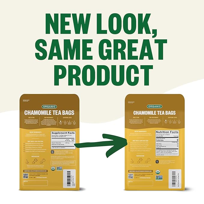 FGO Organic Chamomile Tea, 100 Eco-Conscious Tea Bags, Caffeine Free, Resealable Bag, Packaging May Vary (Pack of 1)