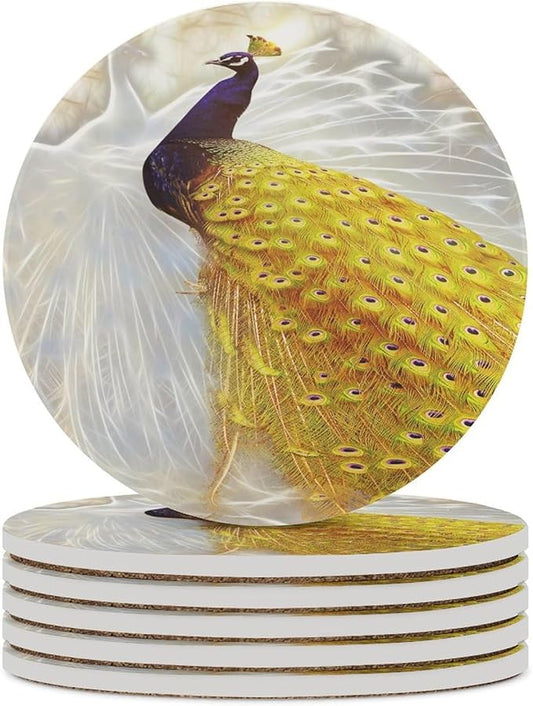 Round-6PCS Peacock Ceramic Coasters, Round Absorbent Drink Coasters, Vintage Style Beautiful Gold White Peacock Ceramic Table Coasters for Coffee, Beverage, Wine, Beer Coasters
