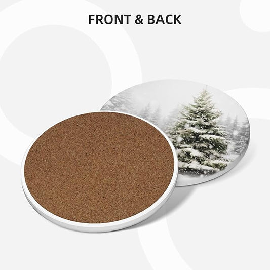 Winter Christmas Tree Pattern Coasters for Drinks Absorbent Round Ceramic Coasters Set of 4 Non-Slip Cup Coaster with Cork Base for Coffee Table Drink Home Decor Tabletop Protection