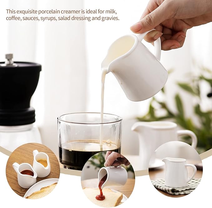 OMAYKEY 4.5 OZ 6-pcs Porcelain Creamer with Handle, Small Ceramic Cream Pitcher Sauce Pitcher Serving for Coffee Tea Milk - White