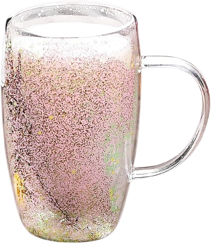Creative Flowers Double Wall Clear Glass Coffee Mug with Handle, Aesthetic Dried Flowers Coffee Mug, Clear Double Insulated Glass Cup for Hot and Cold Beverages, Cappuccino, (B)