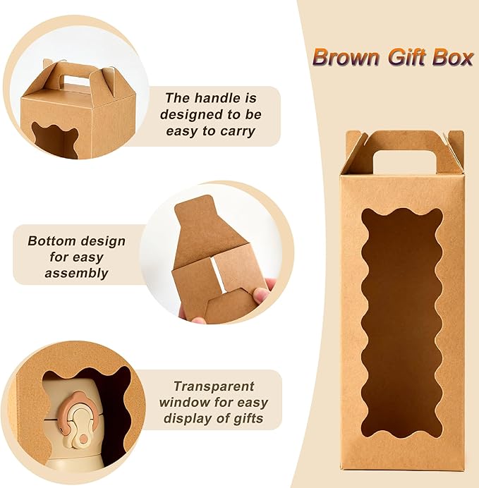 25Pcs Tumbler Gift boxes for glass cup with Handle for 16oz 18oz 20oz Sublimation Glass, Cup boxes for packaging 16oz,Tumbler Packaging Boxes with window for gifts,Water bottle gift boxes（Brown）