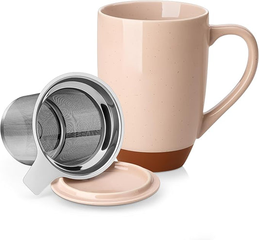 MALACASA Ceramic Tea Mug with Lid and Stainless Steel Infuser, 18 oz Large Tea Cup for Loose Leaf Tea, Heat-Resistant, Microwave & Dishwasher Safe, Speckled Glaze Coffee & Tea Brewer Mug, Khaki Pink