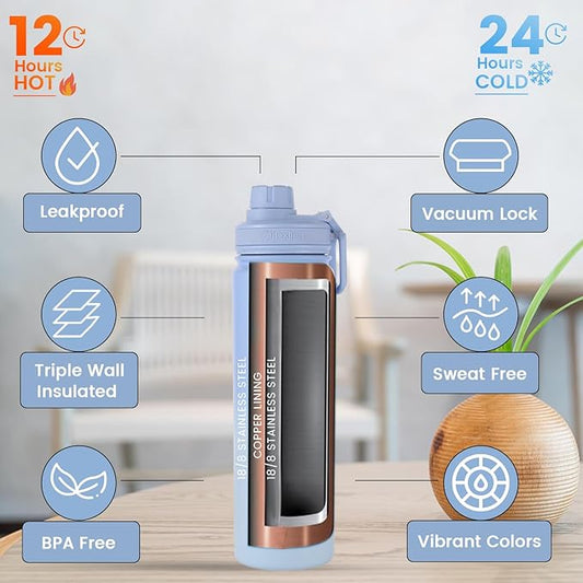 Lexlion 22oz Tea Infuser Water Bottle – Triple Wall Insulated Stainless Steel, 3 Lids, Loose Leaf & Fruit Strainer, BPA-Free