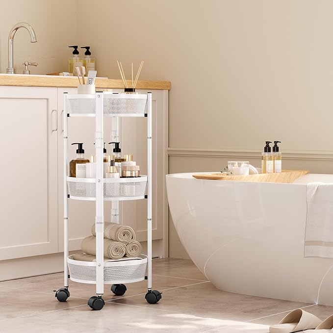TOOLF 3-Tier Foldable Rolling Cart, Collapsible Metal Utility Cart with Wheels, No Assemble, Multifunction Storage Organizer Trolley for Kitchen, Bathroom, Dorm, Nursery, White