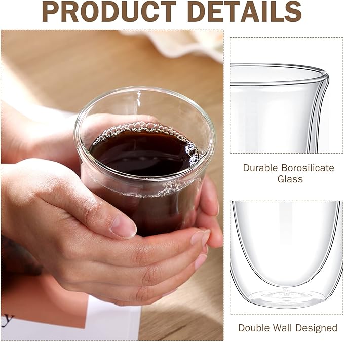 8 Pack 10 oz Double Walled Coffee Mugs Glass Espresso Cups without Handle Clear Thermo Insulated Demitasse Cups for Cappuccino Tea Latte Beverages
