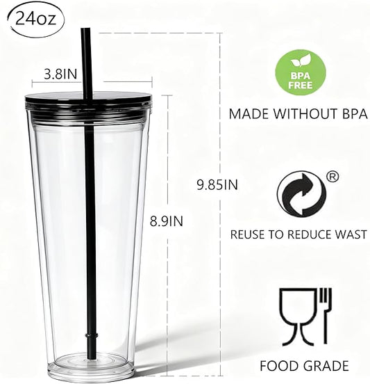 24oz Tumbler with Lid and Straw, Leak Proof and Double Wall Insulated Reusable Plastic Cups,Travel Reusable Iced Coffee Cup (1, Black)