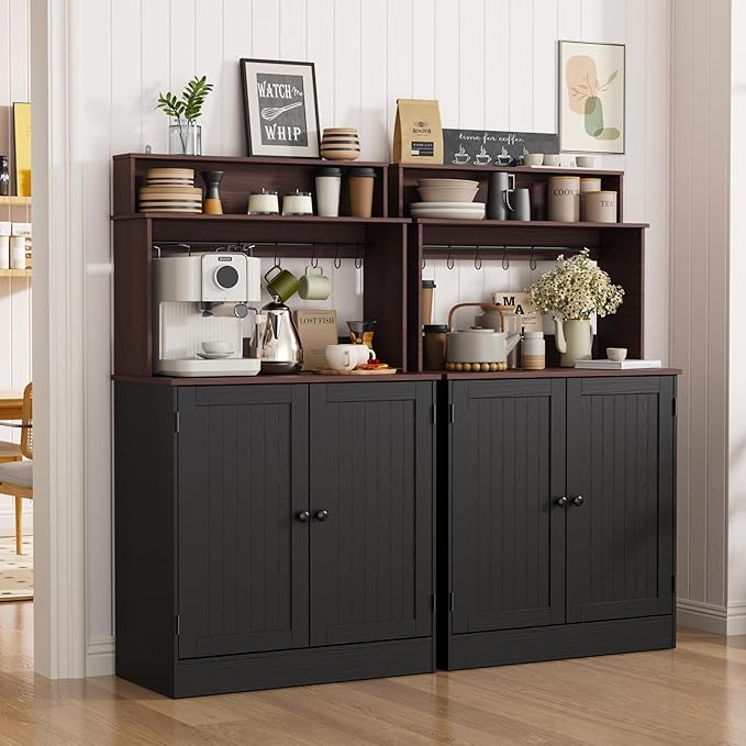 MHOM Farmhouse Coffee Bar Cabinet with Storage, Rustic Buffet Cabinet with 5 Hooks, Small Coffee Station Cabinet for Kitchen & Dining Room, Antique Black