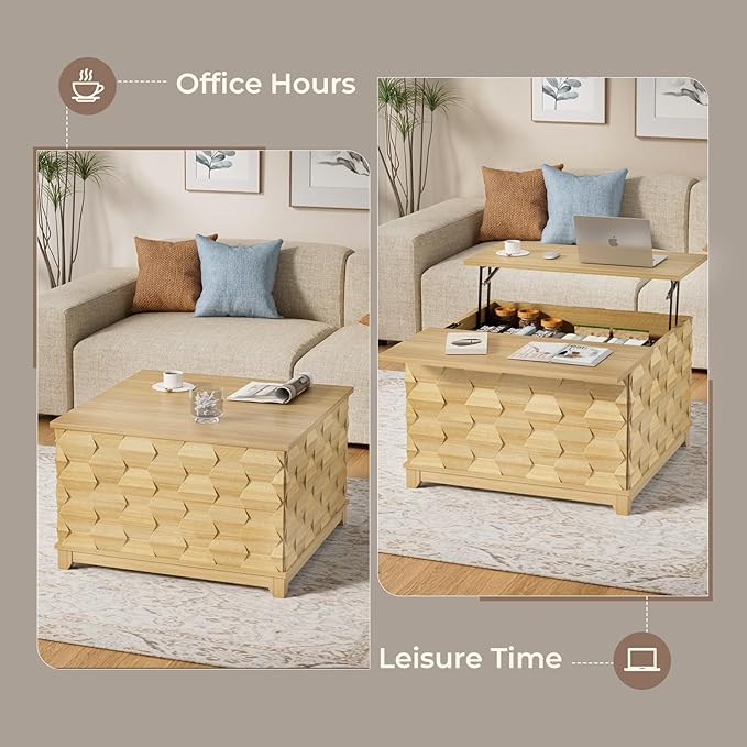 Lift Top Coffee Table, 31.5'' Square Coffee Table with with Storage, Farmhouse Coffee Tables with Hidden Storage, Center Table with Embossed Texture for Living Room, Home Office, Natural