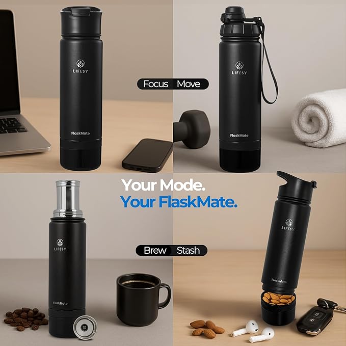 Coffee & Cold Brew Travel Bottle – 18oz Insulated Flask with French Press-Style Brewing, Hidden Storage & Dual Lids – For Hot & Cold Drinks – FLASKMATE All-in-One System (Midnight Black)