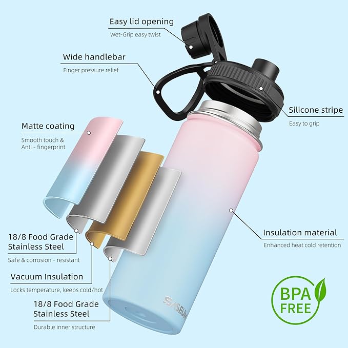 SASEUM Sport Water Bottle 18oz Stainless Steel Double Wall Vacuum Thermal Mug with Leak Proof Spout Lids, Wide Mouth Metal Insulated Water Jug for Gym and Travel（Blue Pink）