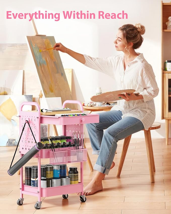 ALVOROG Rolling Cart with Drawer and Wood Table Top, 3 Tier Metal Rolling Utility Cart on Wheels with DIY Pegboards, Hanging Baskets,Hooks for Kitchen, Bedroom, Office, Craft Supplies