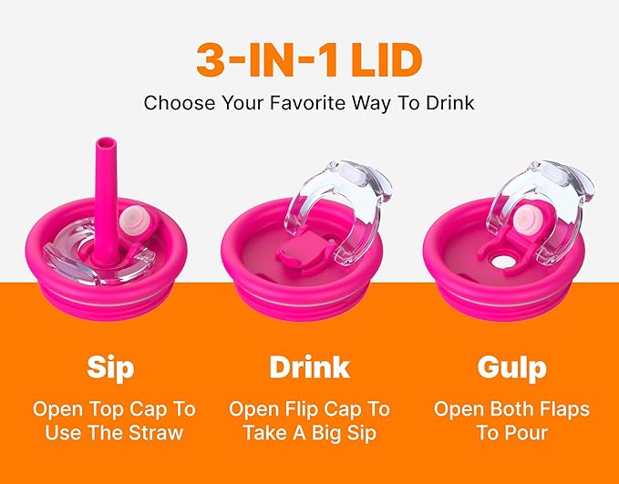 VINUR 14 oz Kids Tumbler with Handle Stainless Steel Double Wall Vacuum Insulated Tumbler Travel Water Drink Cup with Lid and Straw(Rose Pink)