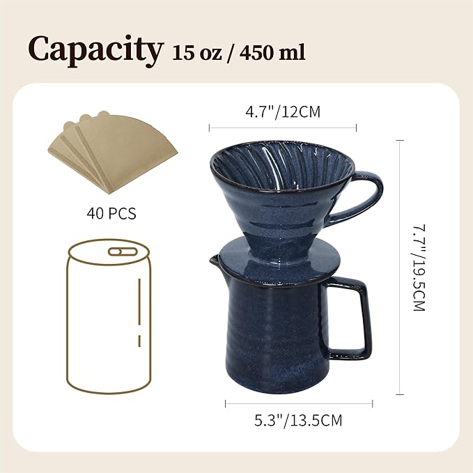 Vintage Ceramic Pour Over Coffee Maker with V60-Style Dripper and 40 Paper Filters (Blue)
