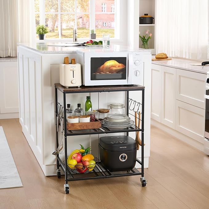 Rolling Kitchen Microwave Cart, 3 Tier Microwave Stand with Storage, Small Kitchen Island on Wheels, Wood and Mental Kitchen Shelf Rack, Black Organizer for Living Room, Office, Balcony