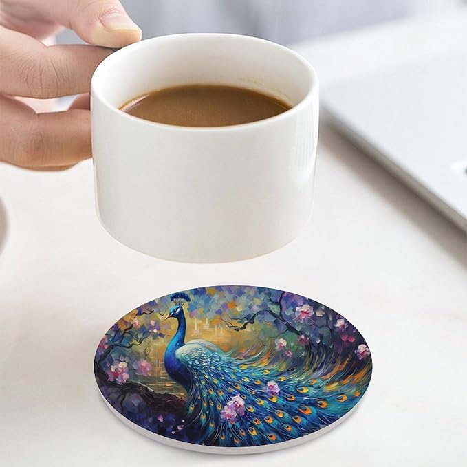Peacock Drink Coasters, Round Ceramic Drink Coaster Round-4PCS, Vintage Watercolor Style Floral Beautiful Blue Peacock Decor Absorbent Ceramic Coasters for Beverage Cup, Bar, Coffee Table