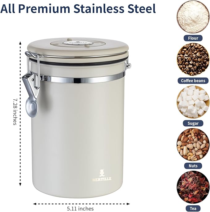 BERTILLE Stainless Steel Coffee Canister,22oz Kitchen Food Storage Container with Date-Tracker, CO2-Release Valve and Measuring Scoop for Grounds Coffee, Beans, Tea, Flour, Cereal, Sugar（Large,Cream）