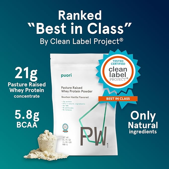 Puori Whey Protein Powder, Bourbon Vanilla - PW1 Pasture-Raised, Grass-Fed Whey Protein Powder Drink Mix containing BCAA Amino Acids - Post-Workout Supplement for Muscle Gain & Recovery - 60 Servings