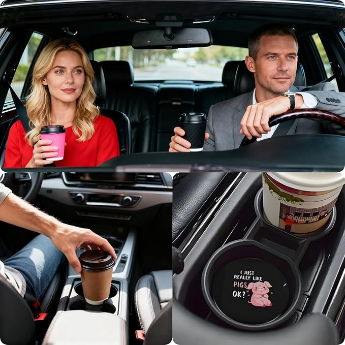 Car Cup Holder Coasters, 2 Pcs Ceramic Coasters with Finger Slot and Cork Back, Anti-Slip Shock Absorbing Women and Men Universal Car Accessories - Pigs