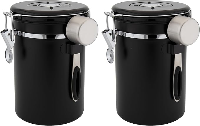 Kmass Kmaxx 2pack 22oz Airtight Stainless Steel Coffee Canister Food Storage Container with Date Tracker and Measuring Scoop for Coffee Beans or Grounds, Tea, Sugar, Rice (BLACK)