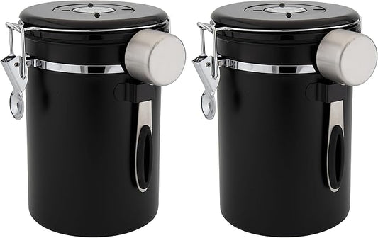Kmass Kmaxx 2pack 22oz Airtight Stainless Steel Coffee Canister Food Storage Container with Date Tracker and Measuring Scoop for Coffee Beans or Grounds, Tea, Sugar, Rice (BLACK)