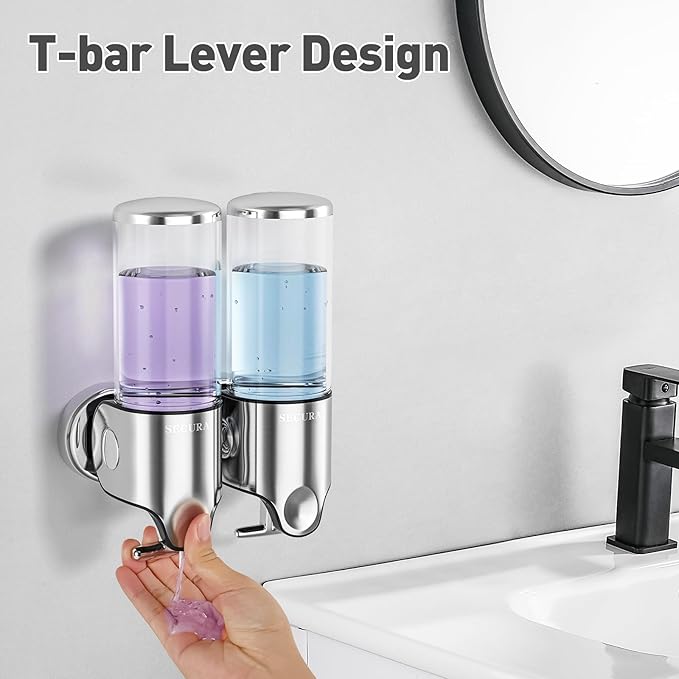 Secura Double Wall Mounted Soap Dispenser, 2 x 17 fl oz Shampoo and Soap Dispensers Perfect for Home & Kitchen (Stainless Steel)
