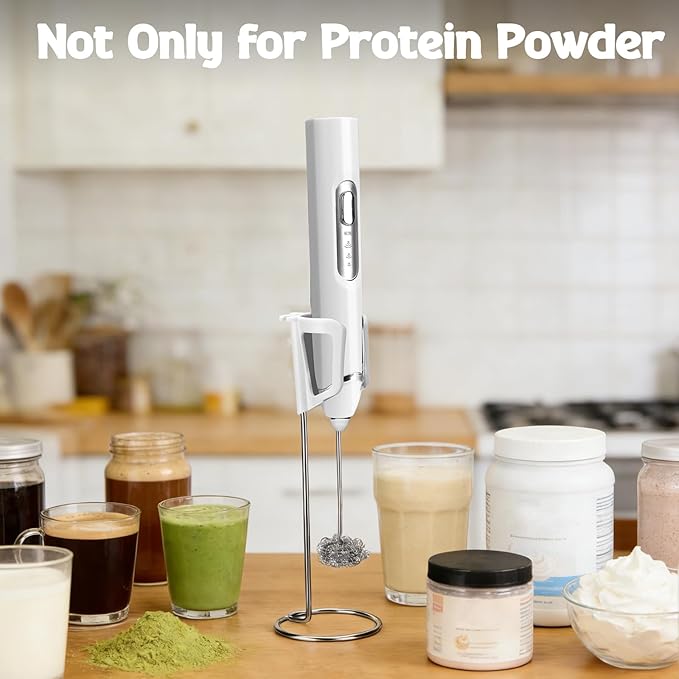 Juome Frother for Protein Powder - Rechargeable 4-in-1 Protein Mixer Wand Set, Protein Powder Scoop Funnel, Waterproof Electric Drink Frother Wand for Milk, Coffee, Lattes, Matcha & Creamer (White)