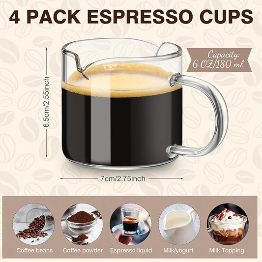 Patelai 4 Pcs 6oz/180ml Espresso Cups, Glass Coffee Cups with Double Spouts & Handle, Clear Espresso Shot Glass Milk Frothed Cup Coffee Accessories for Machines, Milk Frothed, and Bars