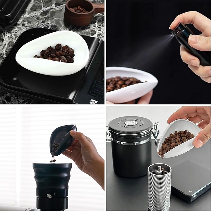 Coffee Bean Dosing Cup and RDT Spray Bottle Kit For Espresso Ceramic Ruffled Leaf Shaped Measuring Tray and Sprayer Set For Reducing Coffee Ground Static (Black)