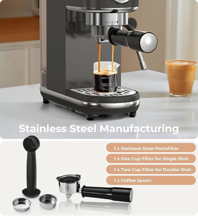 20 Bar Espresso Machine with Milk Frother, Compact Espresso Maker, Stainless Steel Coffee Machine with Precise Temp Control & 44oz Removable Water Tank for Latte, Cappuccino, Dark Grey