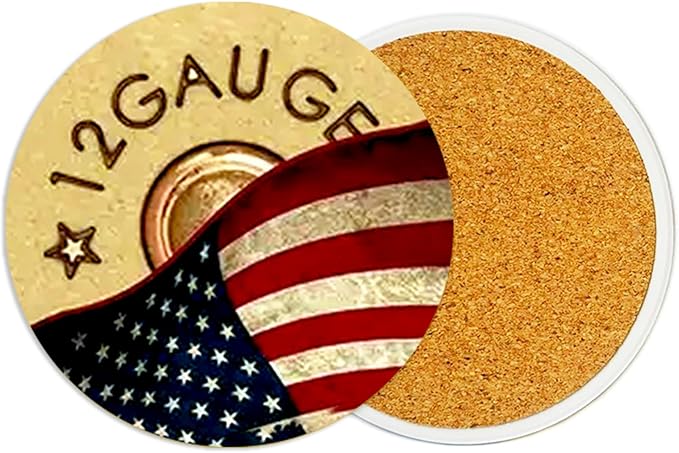 2Pack Cool Bullet Ceramic Coasters Absorbent Coasters for Drinks with Cork Base,12 Gauge Coaster for Table Office Desk Coffee Wine Beer Bar Cup Mat 3.9 Inch,Bullet Flag Gifts for Women,Men,Dad