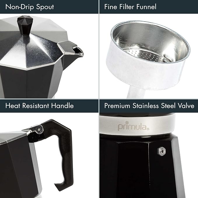Primula Classic Stovetop Espresso and Coffee Maker,Moka Pot for Italian and Cuban Café Brewing,Greca Coffee Maker,Cafeteras,6 Espresso Cups,Black,(Pack of 4)