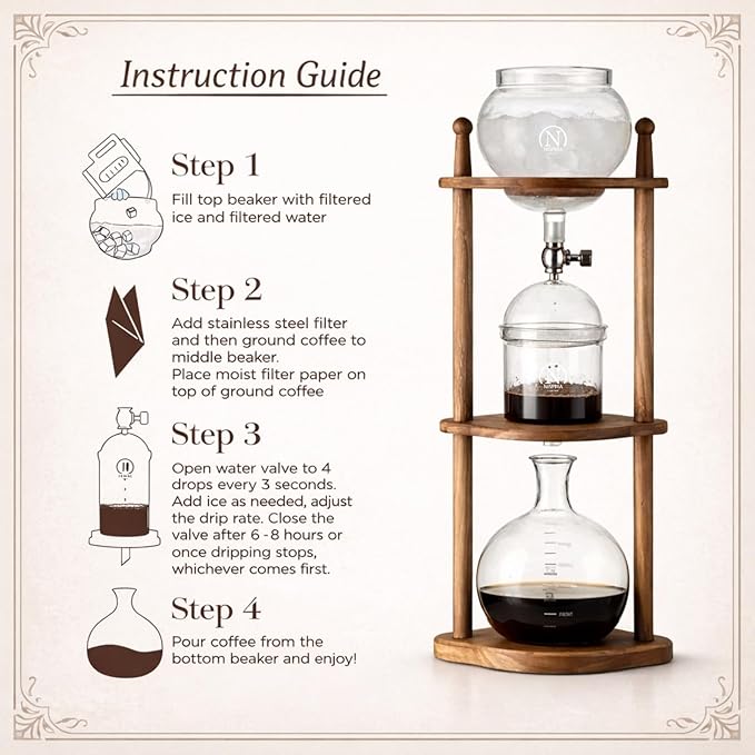 Nispira Cold Brew coffee Maker Ice Coffee Drip Machine with Advanced Slow Drip Technology Borosilicate Glass with Wood Tower, 6-8 Cup, Brown