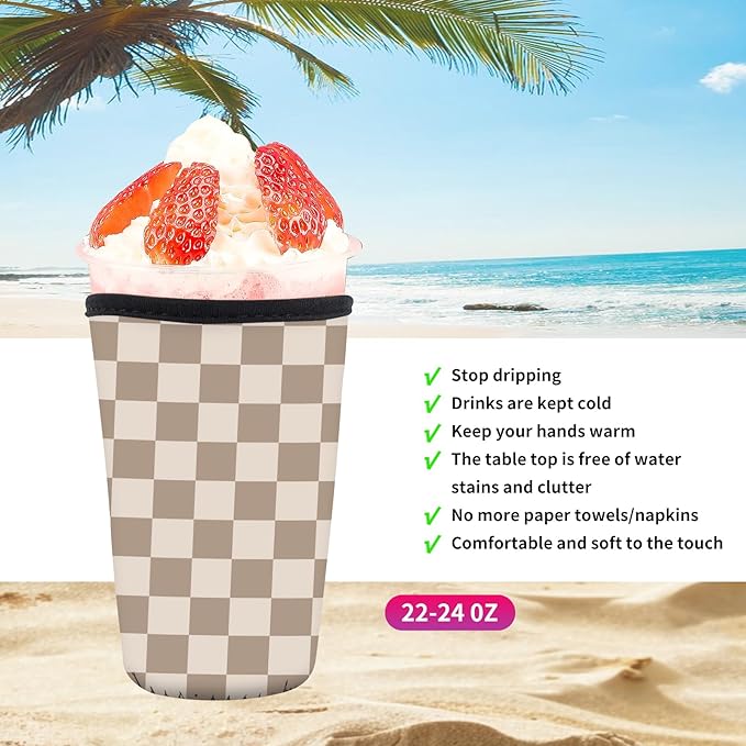 Reusable Neoprene Insulator Sleeve for Iced Coffee Cold Soda Cups, Cute Durable Drink Sleeve for Cold Beverages, Medium 22-28oz Cup Sleeve Cute Checkerboard