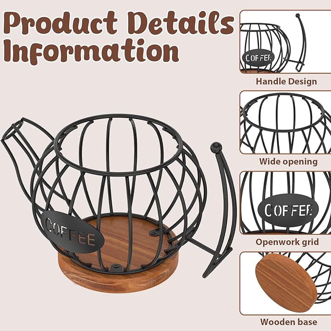 Coffee Pod Organizer for Countertop, Coffee Bar Accessories with Wooden Base, Round Basket Decor for Kitchen Countertop for Pods and Espresso Capsules