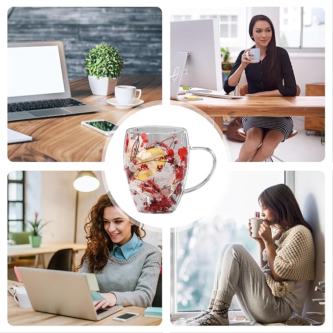 Flower Glass Double Wall Glass - 350ml Aesthetic Dried Flowers Double Wall Glass Coffee Mugs | Clear Glass Cups With Handle,Anti-Scalding Coffee Cups For Hot Beverages,Tea Or Coffee